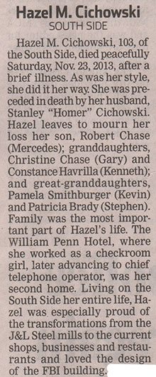 Hazel M. Cichowski, Obituary, November 25, 2013 (Source: PTR)